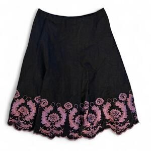Sunny Leigh Black‎ Embroidered Floral Skirt Size 14 | Pink Lace Hem A-Line